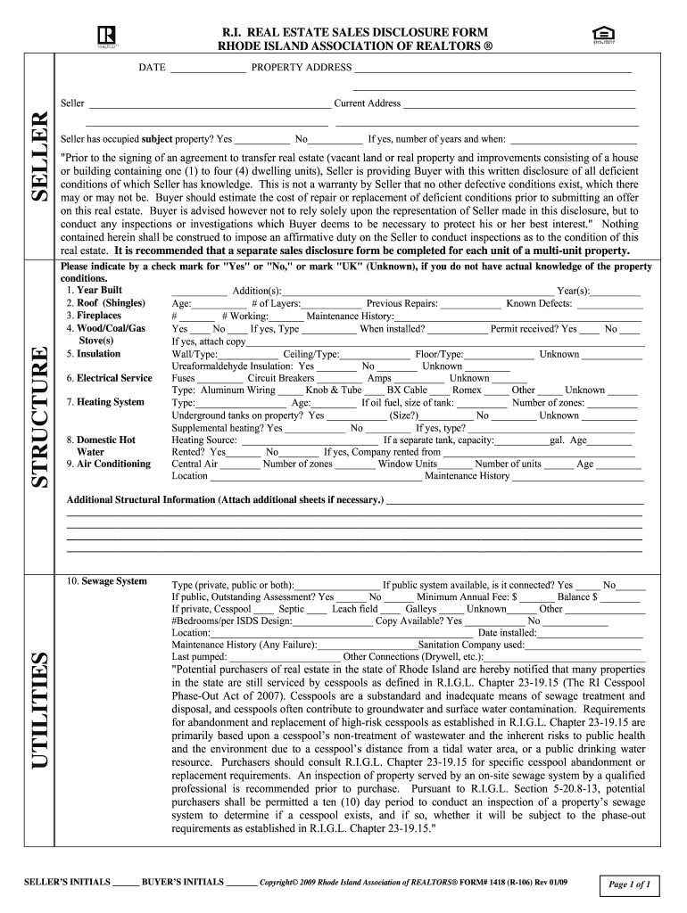 R I REAL ESTATE SALES DISCLOSURE FORM RHODE ISLAND