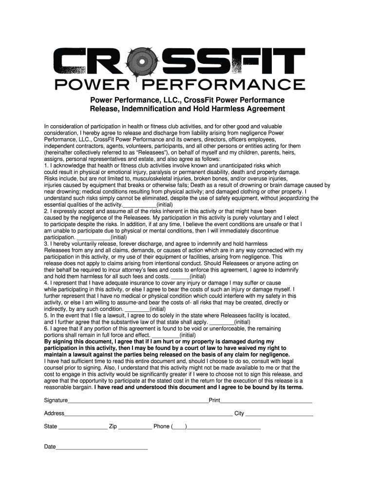 Liability Waiver  Hold Harmless Agreement  CrossFit Power  Form