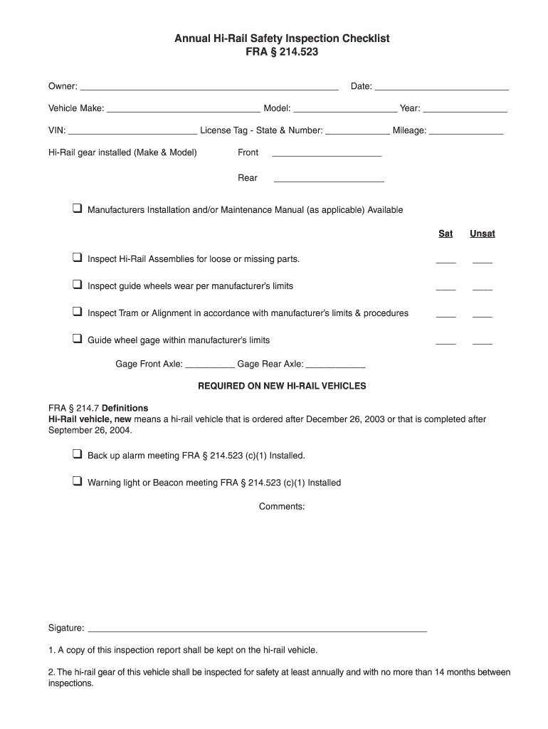 Hi Rail Inspection  Form