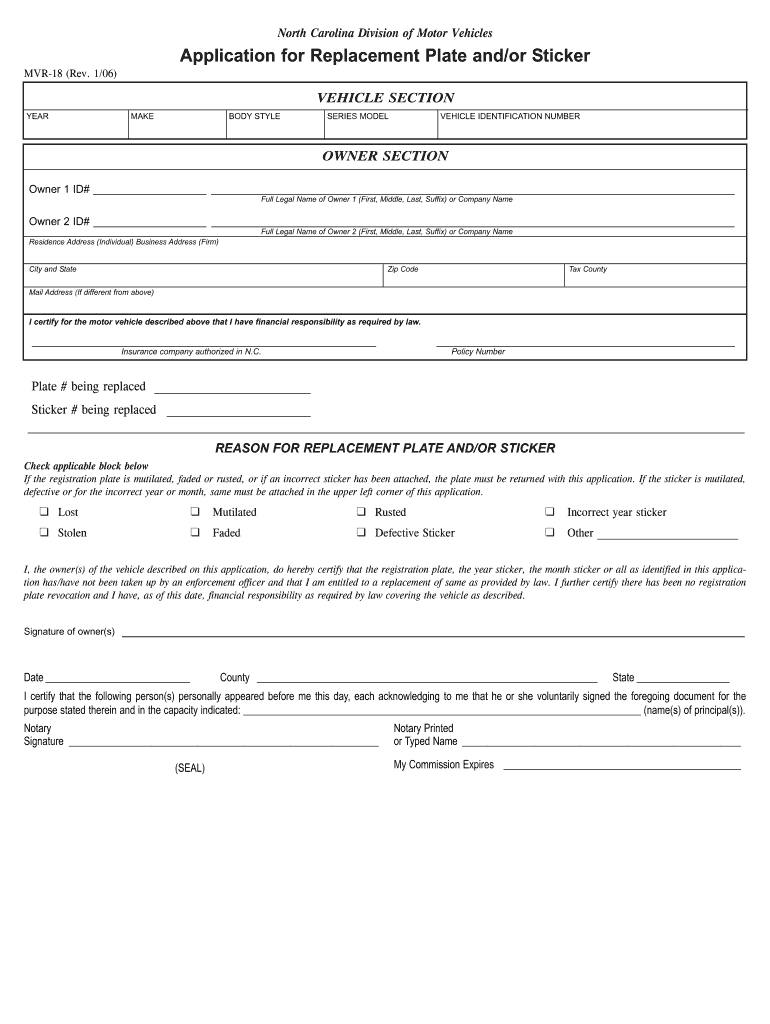  Application for Replacement Plate Andor Sticker MVR 18  Ncdot 2006