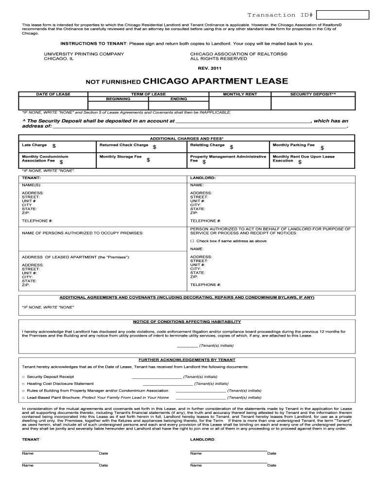 NOT FURNISHED CHICAGO APARTMENT LEASE Real Estate  Form