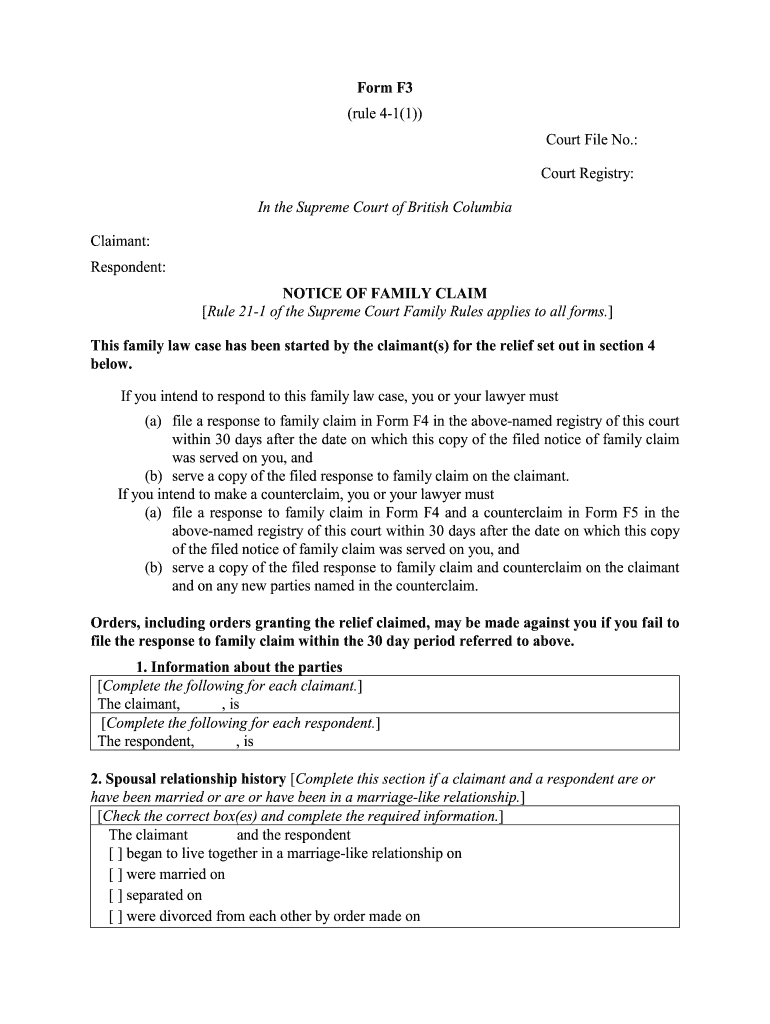 Notice of Family Claim Form F3