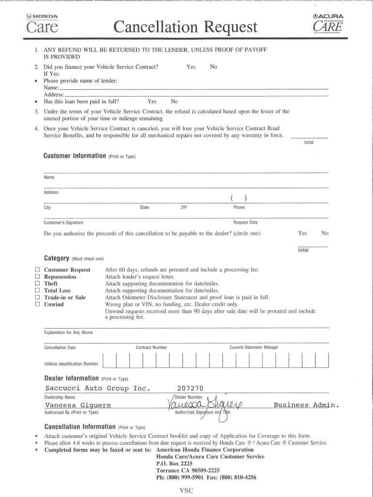 Honda Care Cancellation Form