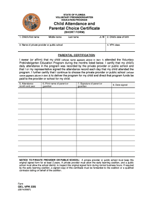 Child Attendance and Parental Choice Certificate  Form