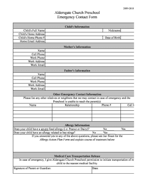 Emergency Form for Preschool