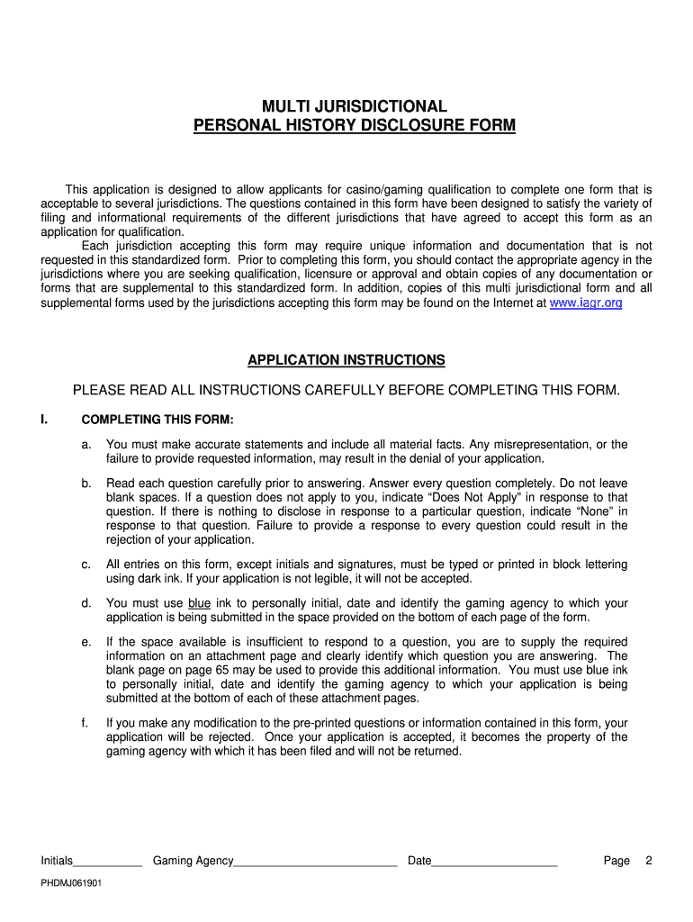  Multi Jurisdictional Personal History Disclosure Form 2001