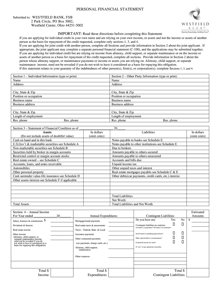 PERSONAL FINANCIAL STATEMENT  Westfield Bank  Form