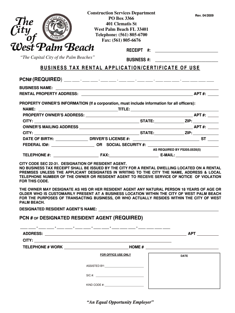  Business Tax Rental Applicationcertificate of Use  City of West Palm    Wpb 2009