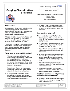 Copying Letters to Patients Leaflet PDF Aintree University Hospital  Form