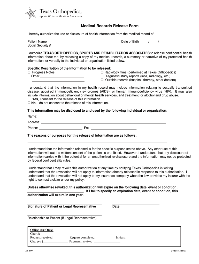Get and Sign Medical Release Form Texas