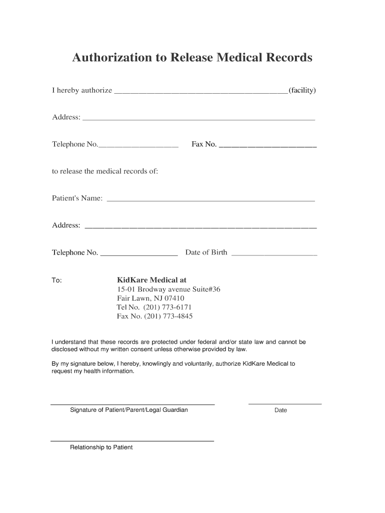 Medical Records Release Form KidKare Medical