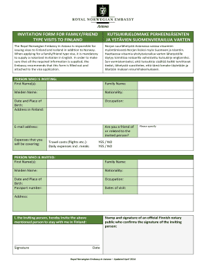 Invitation Form for Familyfriend Type Visits to Finland Kutsukirjelomake Norvegia