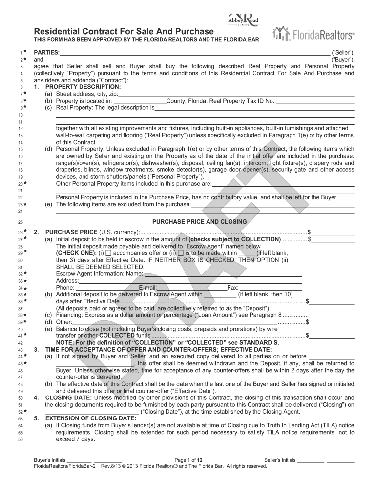 Residential Contract for Sale and Purchase FloridaRealtors  Form