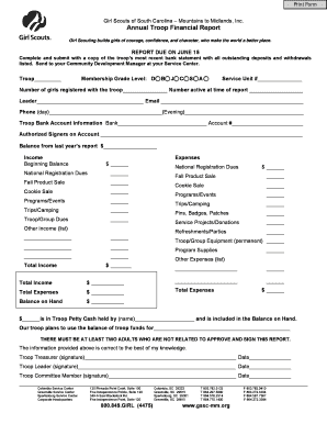 Annual Troop Financial Report Girl Scouts of South Carolina Bb  Form