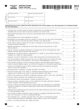MARYLAND SUBTRACTIONS FORM from INCOME Attachment 502SU