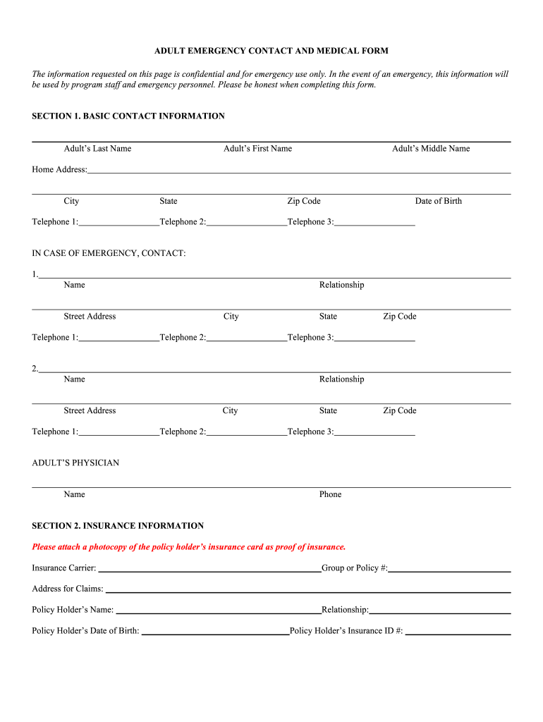 Emergency Medical Form for Adults