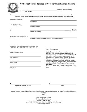 Authorization for Release of Coroners&amp;#39; Reports Ontario Ca  Form