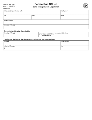 Idaho Transportation Department Satisfaction of Lien Form ITD 3726 Itd Idaho