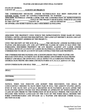Waiver and Release Upon Final Payment Georgia Form