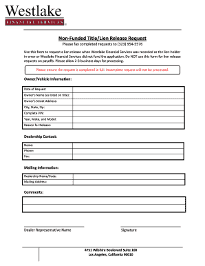 Westlake Financial Lien Release  Form