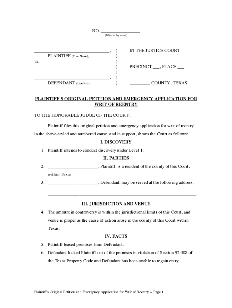 Texas Plaintiffs Original Petition  Form