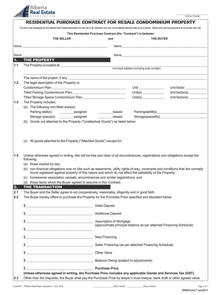 Residential Resale Condominium Property Purchase Contract  Form