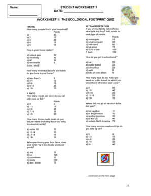 Ecological Footprint Calculator Worksheet  Form