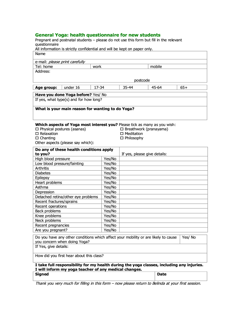 Yoga Questionnaire for New Students  Form