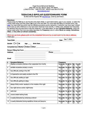 Bipolar Questionnaire for Adults Printable  Form