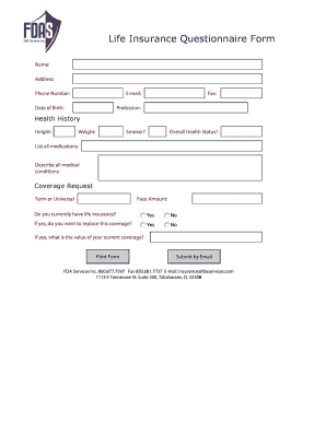 Life Insurance Questionnaire Form