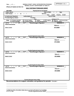 DOH EI Treatment Log Daily Notes  Form