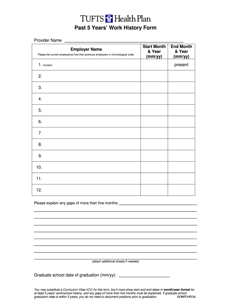 Past 5 Years Work History Form  Tufts Health Plan