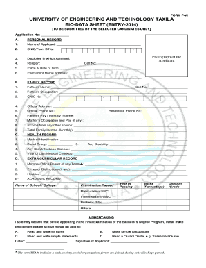 F VI Biodata Form UET Taxila UG Admissions
