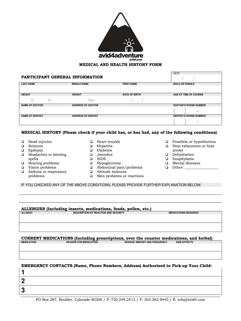 Day Camp Health Form  Avid4 Adventure