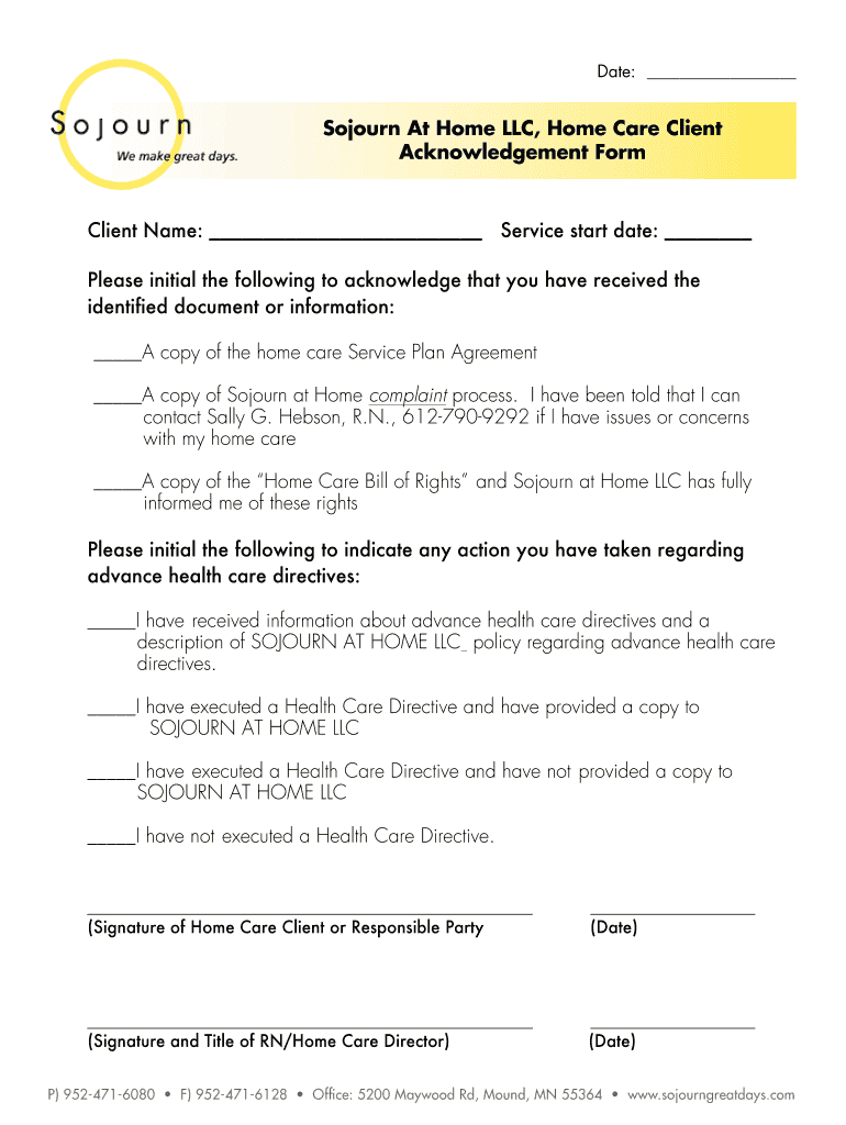 Sojourn at Home LLC, Home Care Client Acknowledgement Form