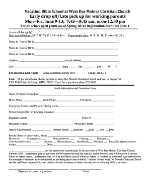 Early Drop OffLate Pick Up Form West Des Moines Christian Church