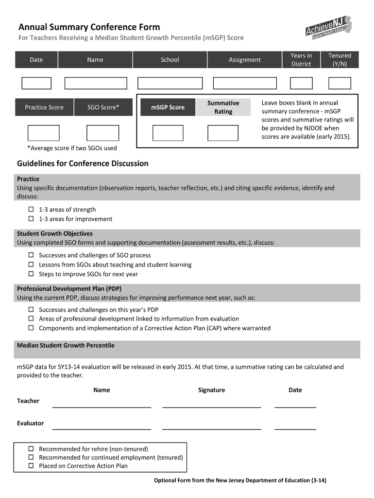  Annual Summary Conference Form  State of New Jersey  Nj 2014