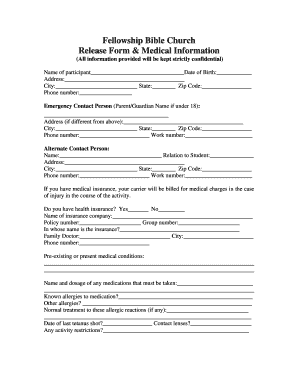 Medical Release Form Fellowship Bible Church Youth Group Fellowshipbcyouth