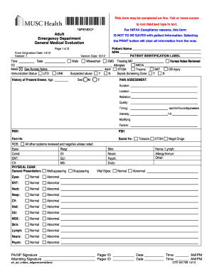 Adult Emergency Department General Medical Evaluation Form Musc