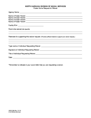 DSS 5199 Foster Home Request for Waiver Info Dhhs State Nc  Form