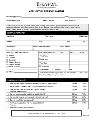 APPLICATION for EMPLOYMENT Eskaton Eskaton  Form