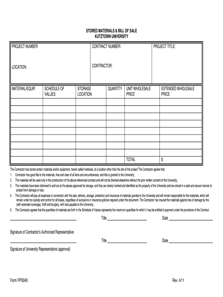  Bill of Sale for Stored Materials 2011-2024