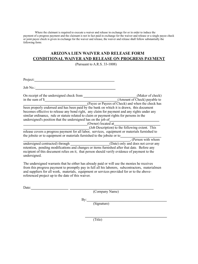 Conditional Waiver Progress Payment Arizona  Form