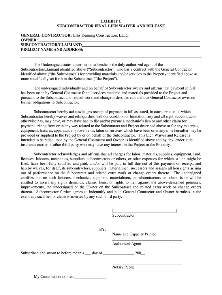 Subcontractor Lien Waiver  Form