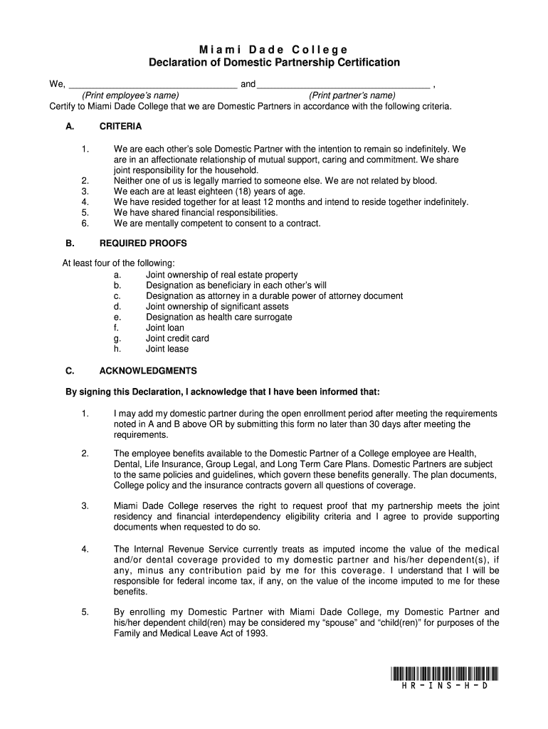 Domestic Partnership Declaration Form  Miami Dade College  Mdc