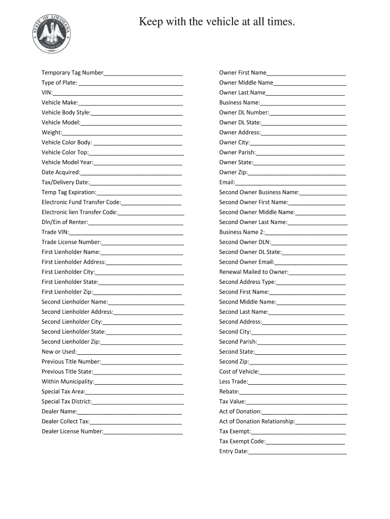 Louisiana 30 Day Temp Tag Online  Form