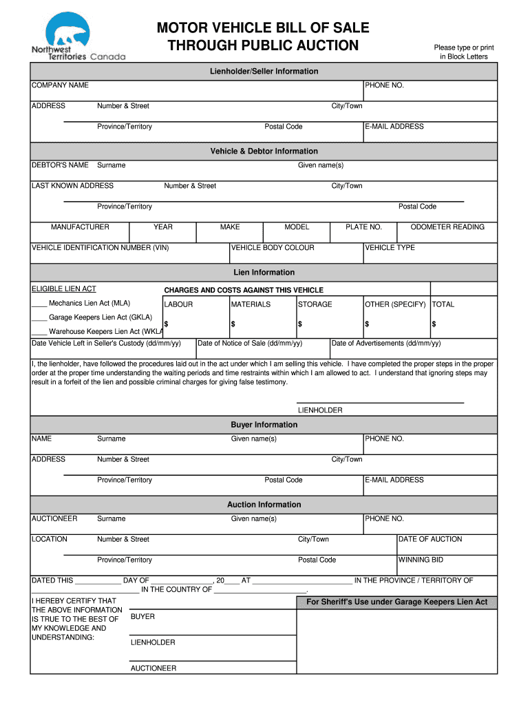  Motor Vehicle Bill of Sale through Public Auction Form Dot Gov Nt 2011