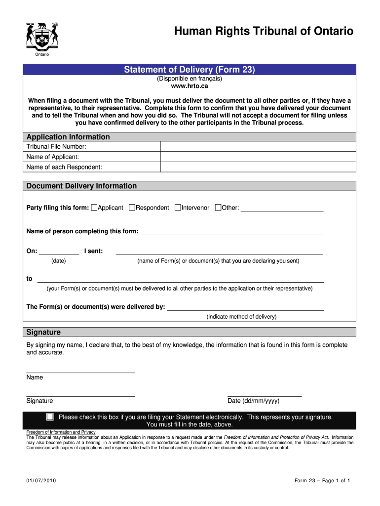  Statement of Delivery Form 2010