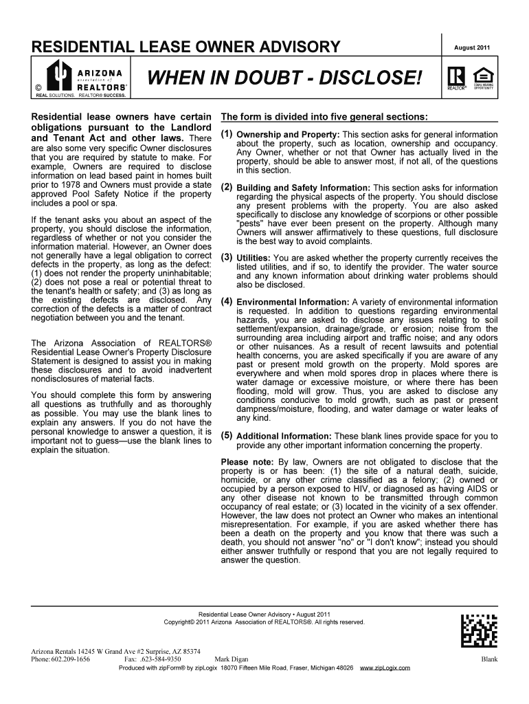 Owners Property Disclosure Lease Form