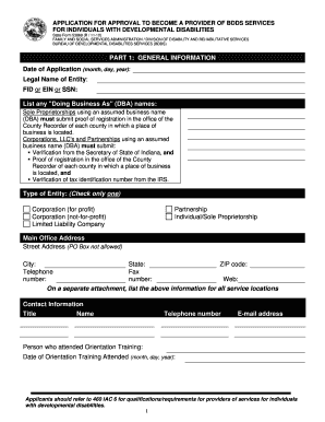 Application for Approval to Become a Provider of BDDS Services for Indiana  Form